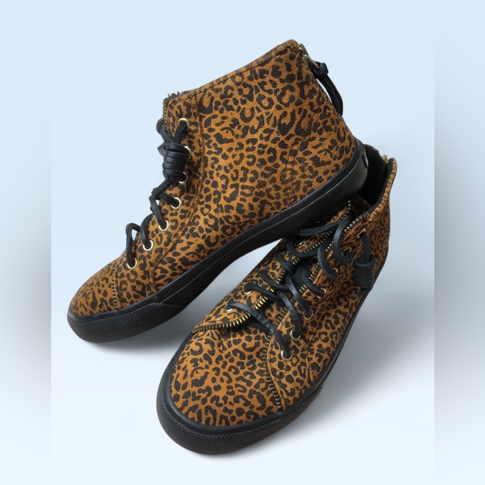 Sperry Rebecca Minkoff Leopard Print High-Top Sneakers in Brown and Black
